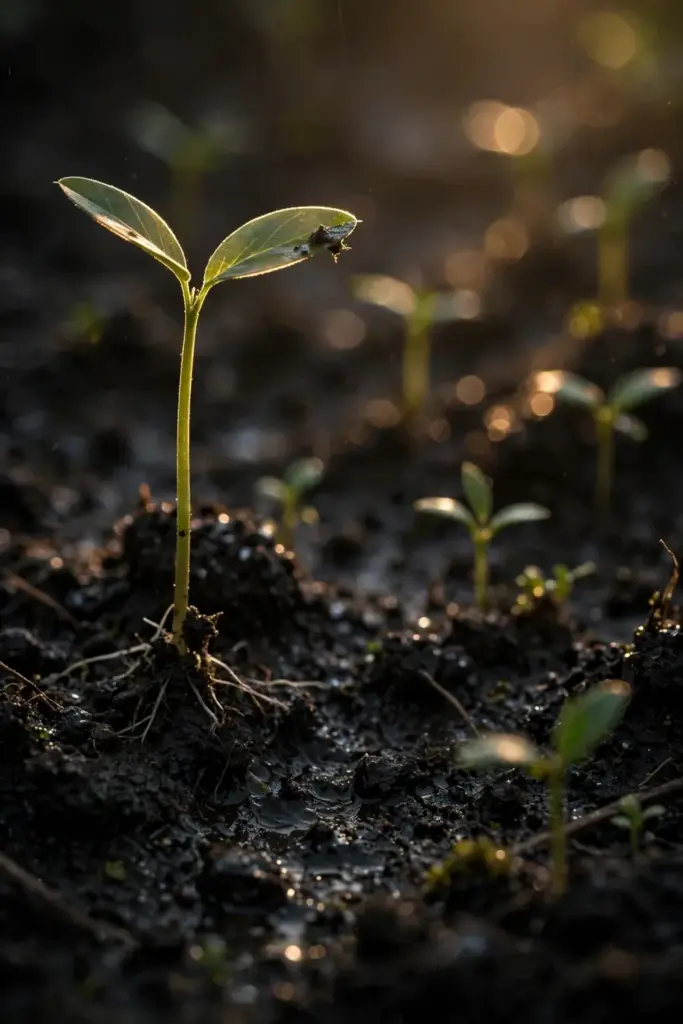 Butterfly pea seedlings pushing through dark crumbly soil