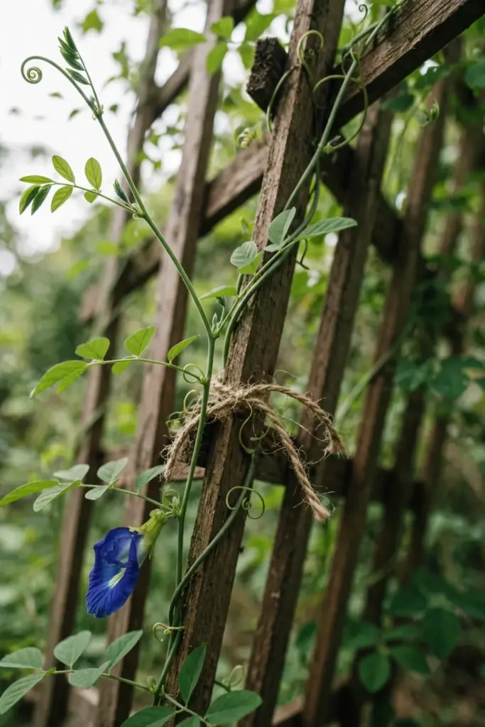 Young butterfly pea stems twining up a wooden trellis with soft twine