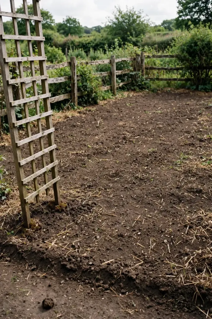 Wooden trellis standing in a sunny garden bed before sowing