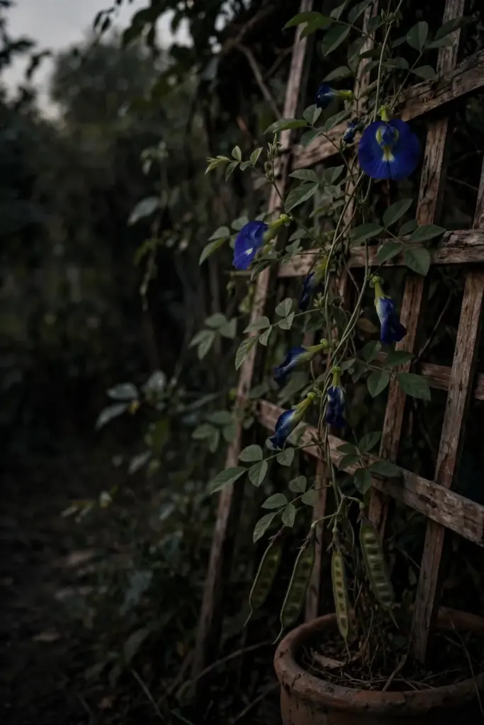 Butterfly pea vine on a trellis at the end of the day
