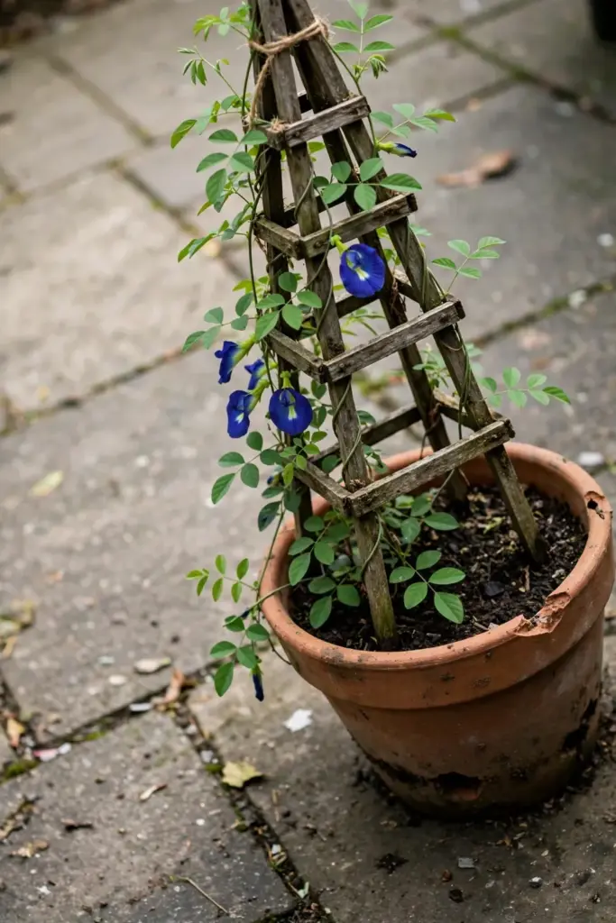 Butterfly pea vine climbing an obelisk trellis in a clay pot