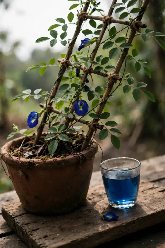 Butterfly pea vine with a cup of blue tea beside the pot