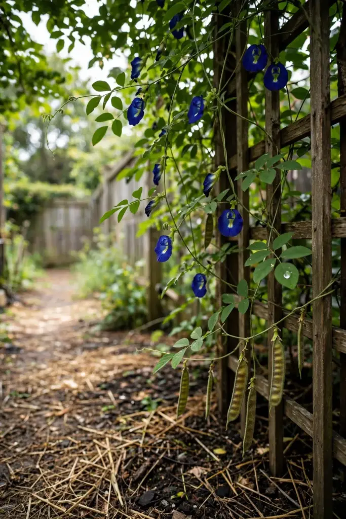 Butterfly pea vine climbing a garden trellis with deep blue flowers in full sun