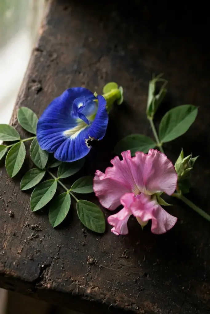 Deep blue butterfly pea bloom beside a pink sweet pea bloom for comparison