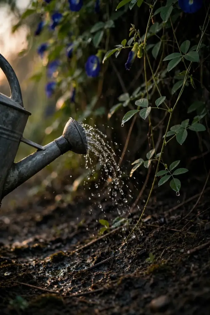 Watering can tipping droplets onto the root zone of a butterfly pea vine
