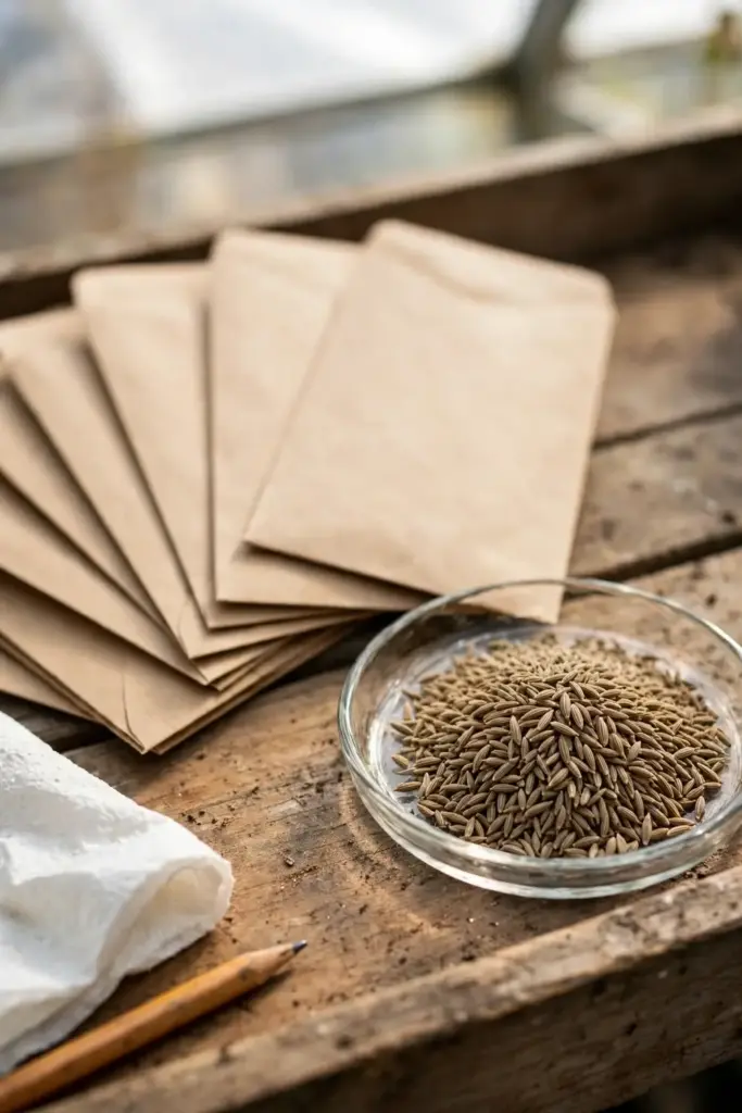 Blank kraft seed envelopes and a small dish of fresh cumin seed