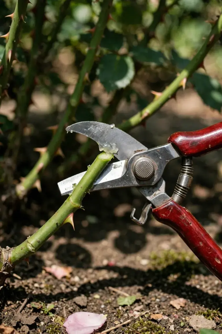 Bypass secateurs cutting a live green stem cleanly
