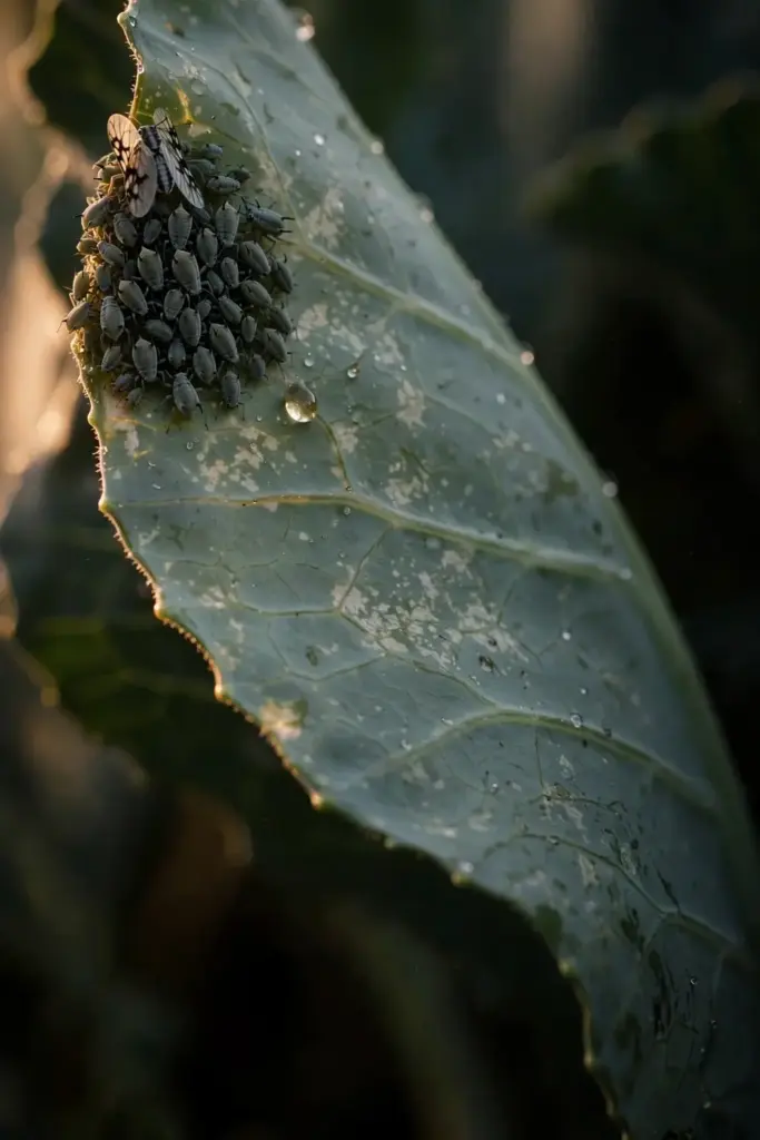 Cabbage aphid colony clustered on a leaf underside.