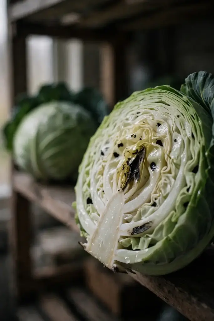 Cut cabbage head with black sunken spots several layers deep.