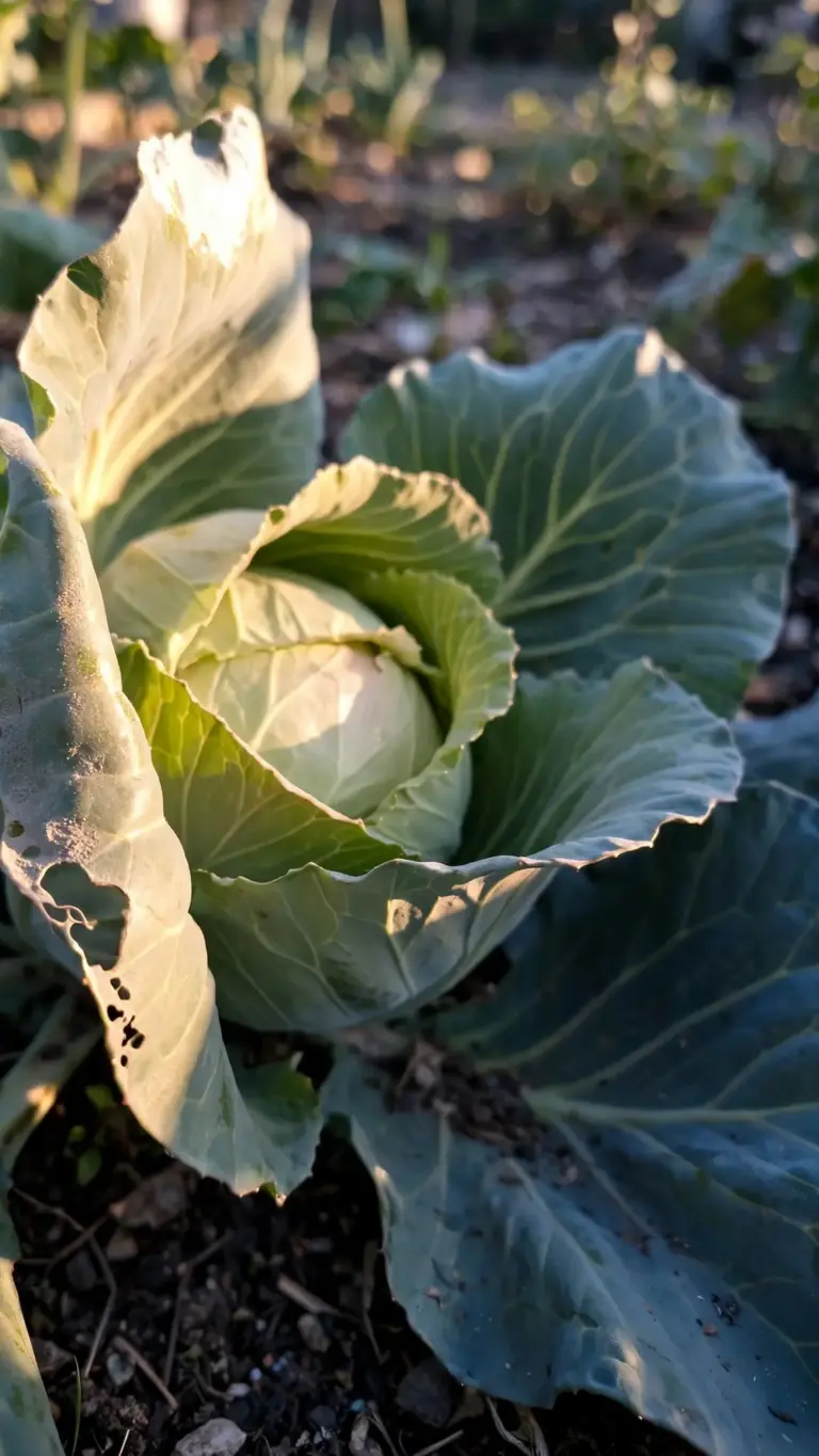 Cabbage with outer leaves cupping a tightening inner head