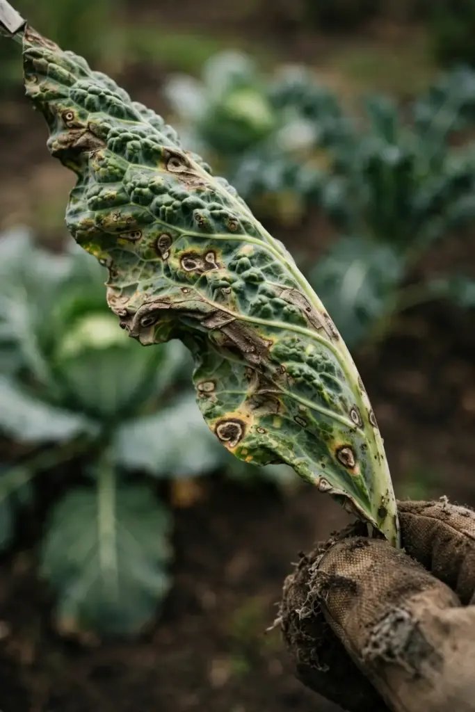 Mottled cabbage leaf with necrotic rings, held by a worn garden mitt.
