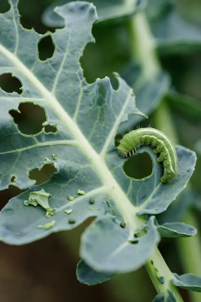 Green cabbage white caterpillar eating holes in a broccoli leaf