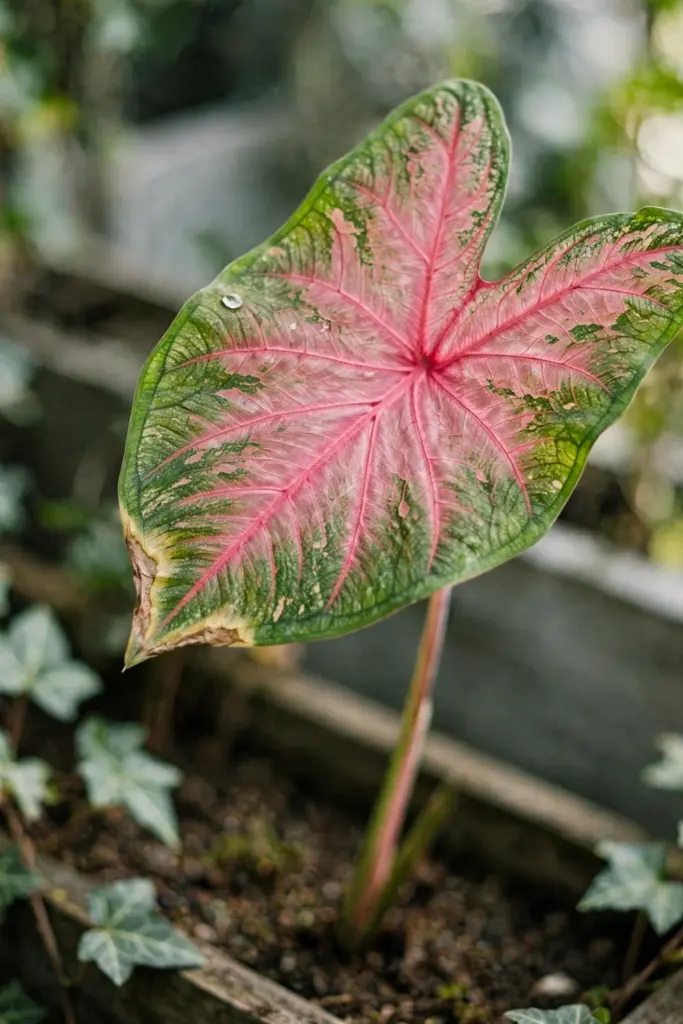 Pink and green caladium leaf pattern in sharp detail