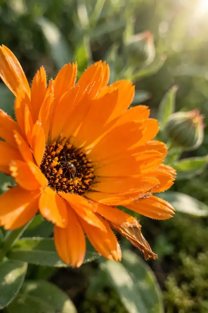 Orange calendula bloom with resinous petals and a pollen centre