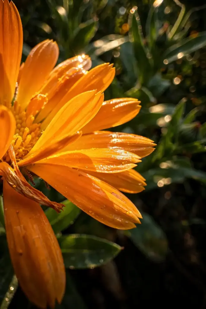 Orange calendula petals backlit with resinous texture and pollen