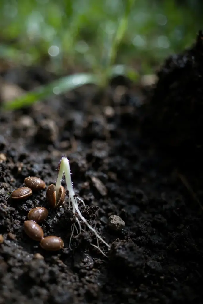 Tiny camelina seeds with a pale sprout on dark moist soil
