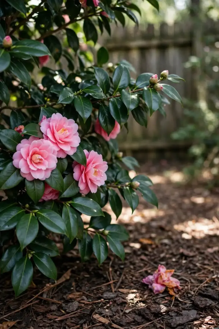 Camellia shrub with pink flowers in a mulched bed kept free of lime