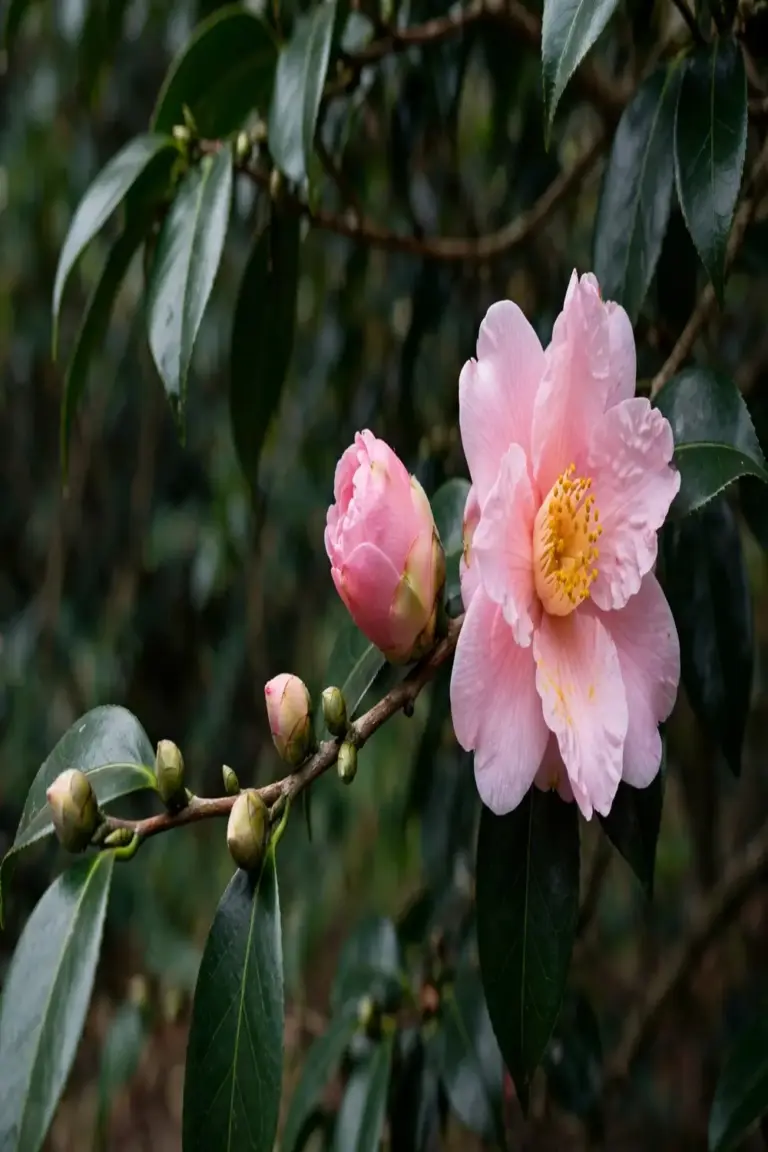 Camellia branch with buds at several stages beside one open flower
