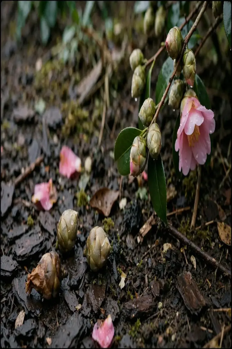 Fallen camellia buds on damp mulch beneath a flowering branch