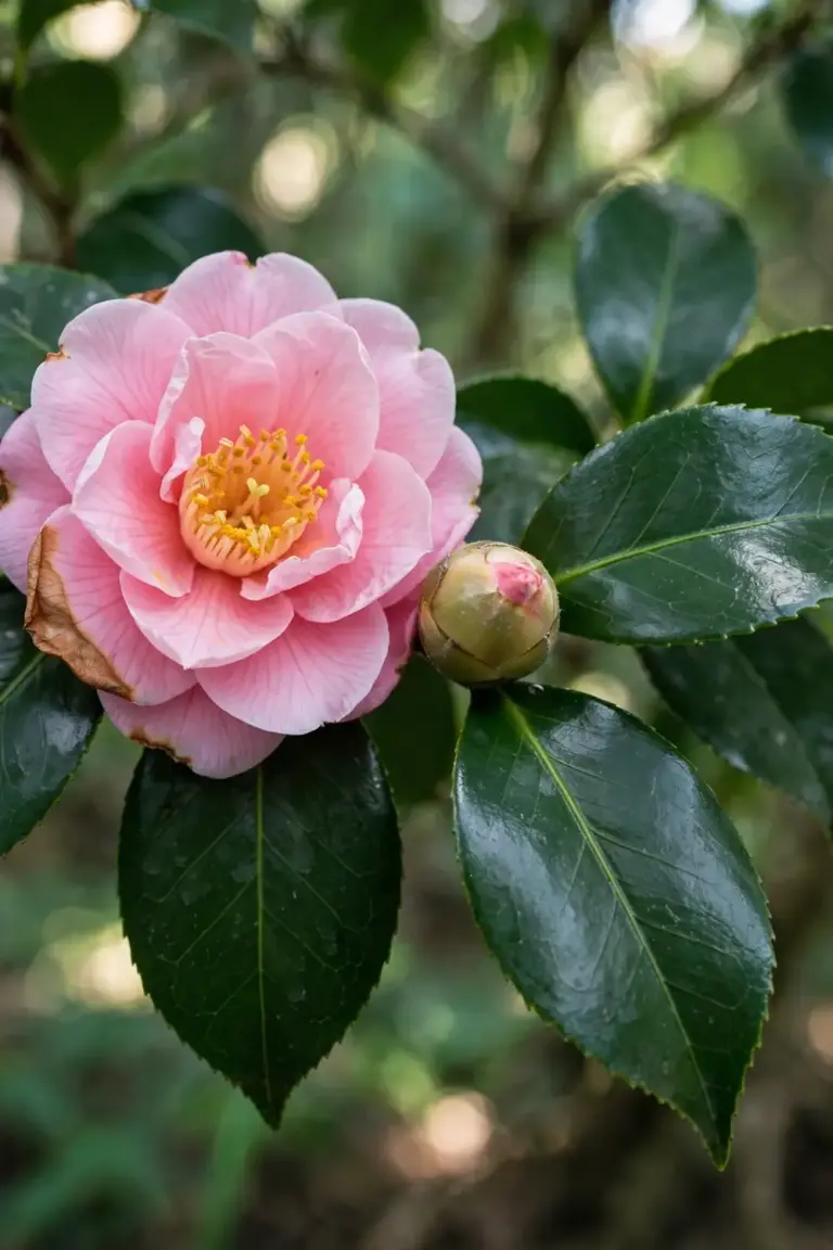 Camellia rose-like bloom beside glossy toothed leaves