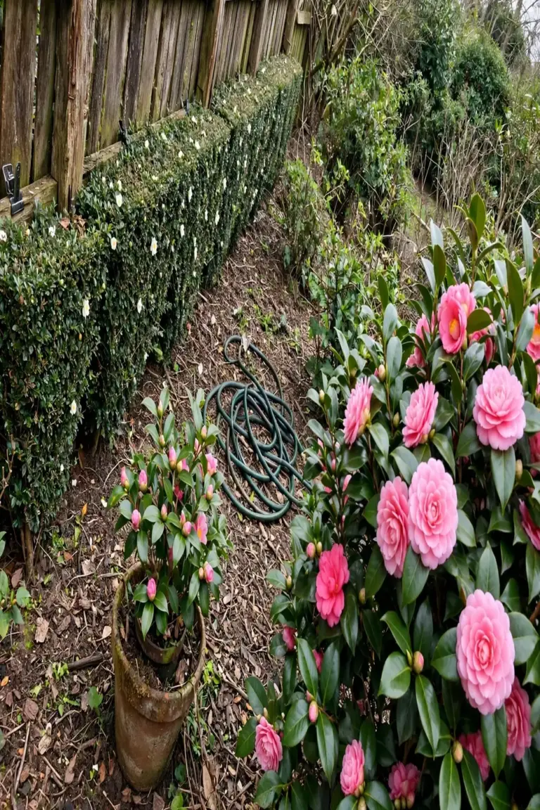 Sasanqua hedge along a fence, japonica feature shrub, and potted camellia