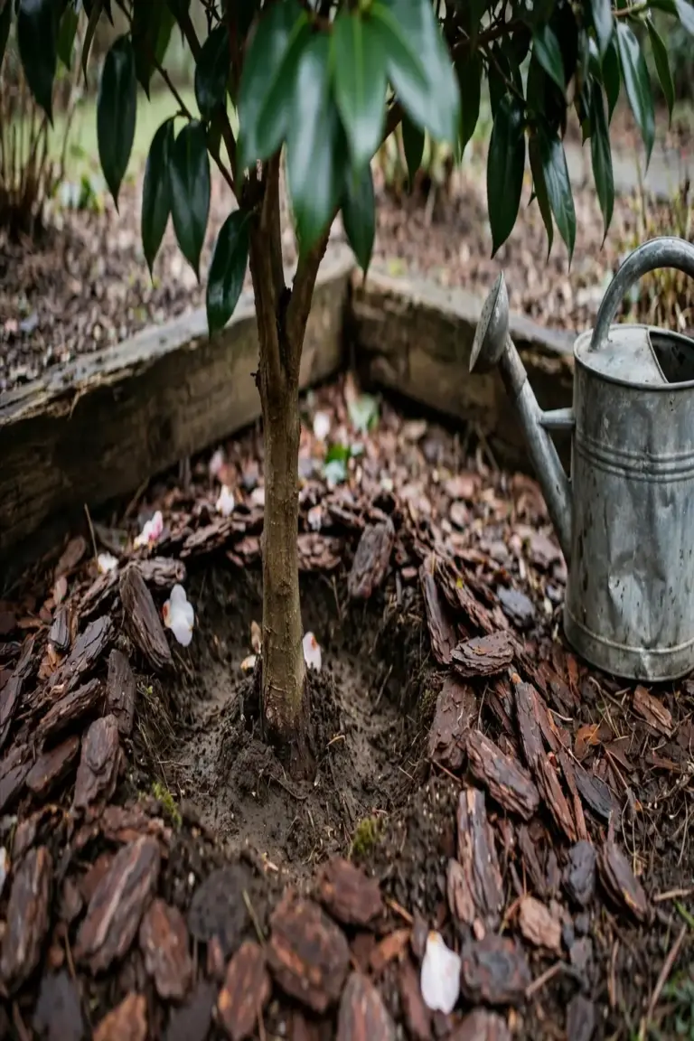 Camellia base with pine bark mulch ring and a metal watering can beside it