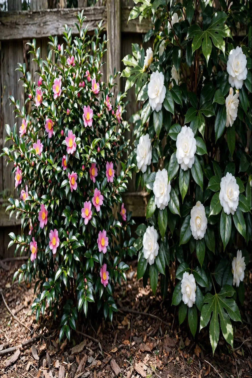 Sasanqua camellia in sun beside japonica camellia in shade, both in flower