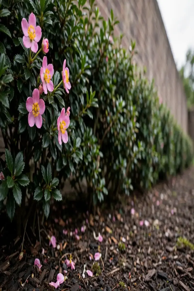 Sasanqua hedge in sun with small single pink flowers and golden stamens
