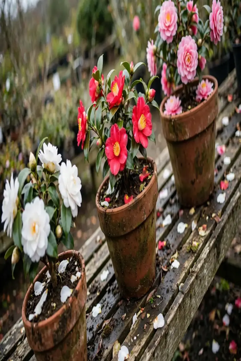 Three potted camellias with white, red, and pink blooms in a row