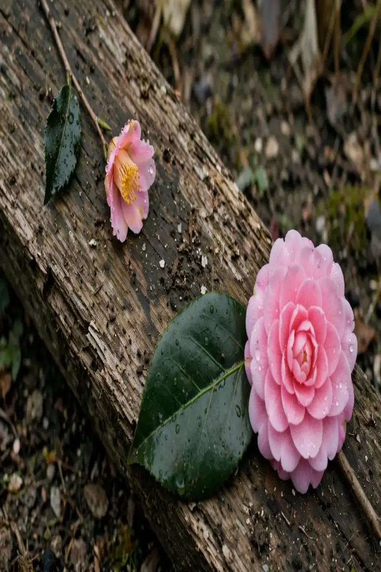 Sasanqua and japonica branches side by side on a timber board