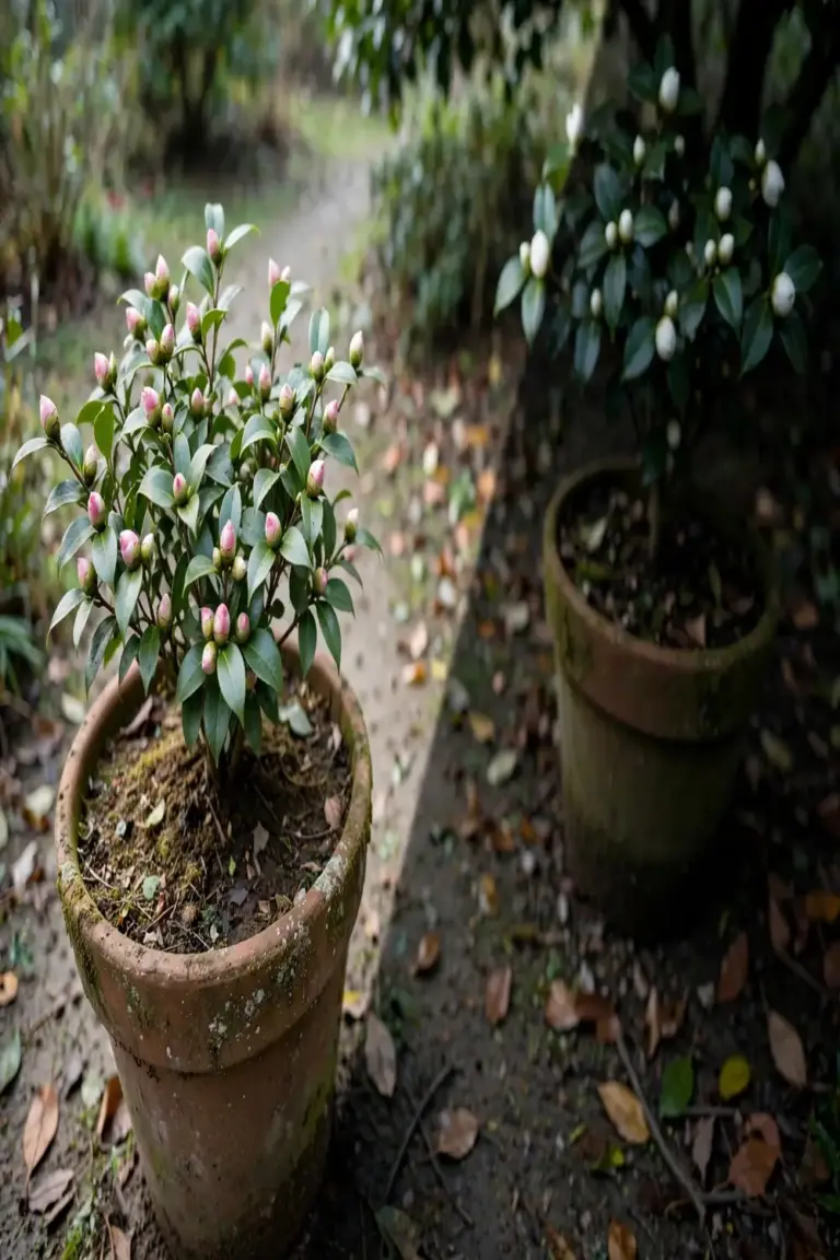 Two potted camellias, one in sun and one in shade, awaiting planting