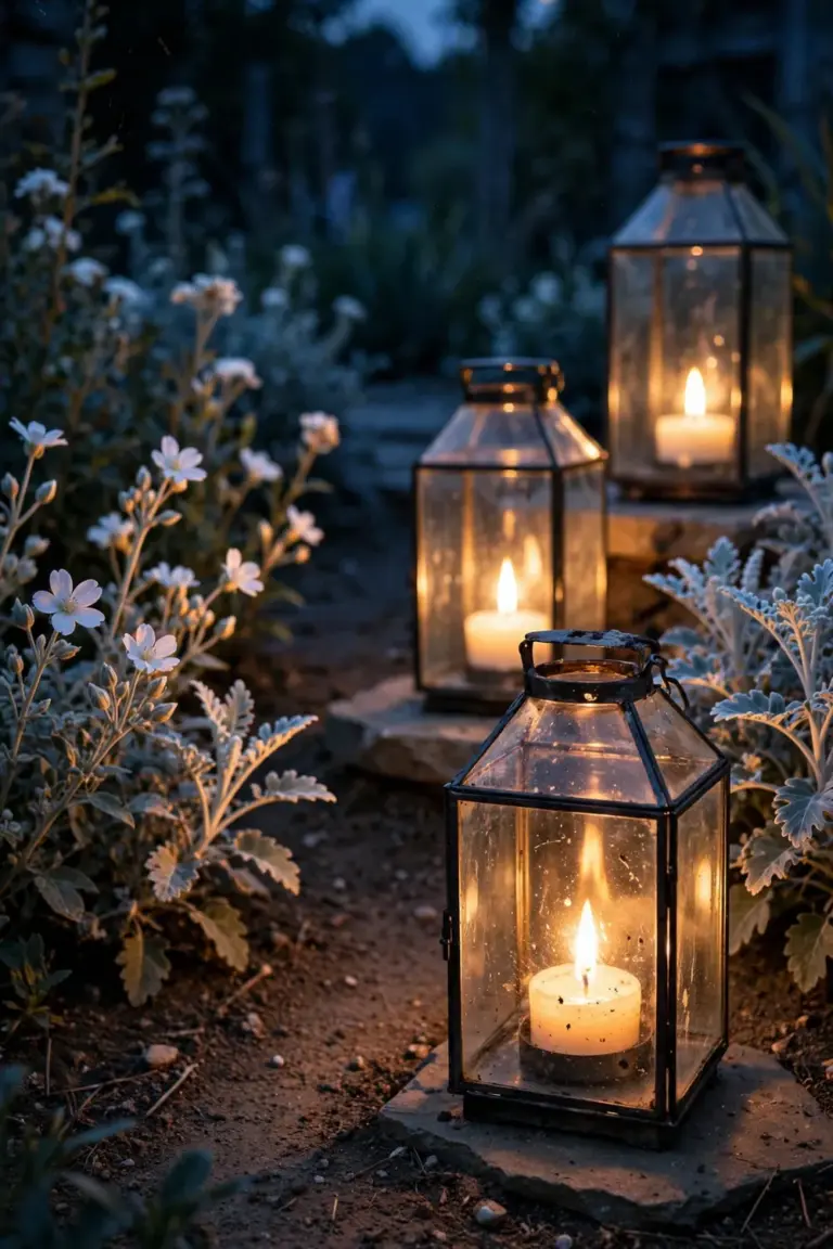 Three enclosed glass candle lanterns glowing in a moon garden corner at dusk