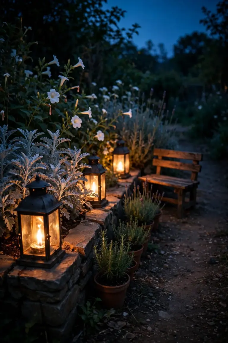 Finished witchy garden corner at dusk with lit lanterns, silver foliage and white blooms around a bench