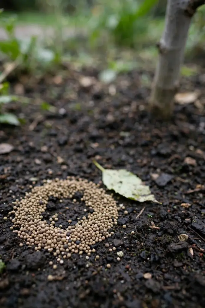 Fertilizer granules in a ring at the drip line of a young tree