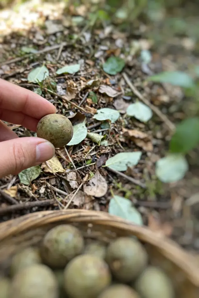 Hand gathering fallen candlenut drupes into a woven basket