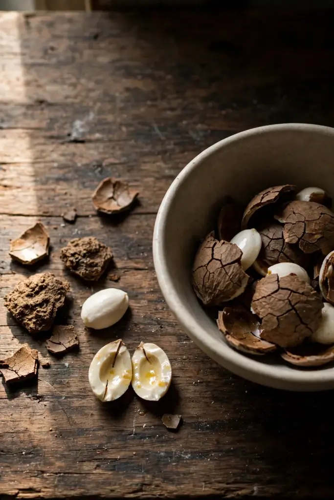 Cracked candlenut stones and white oily kernels in a ceramic bowl