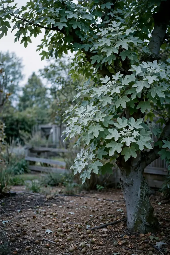 Mature candlenut tree with a heavy crown in a home garden