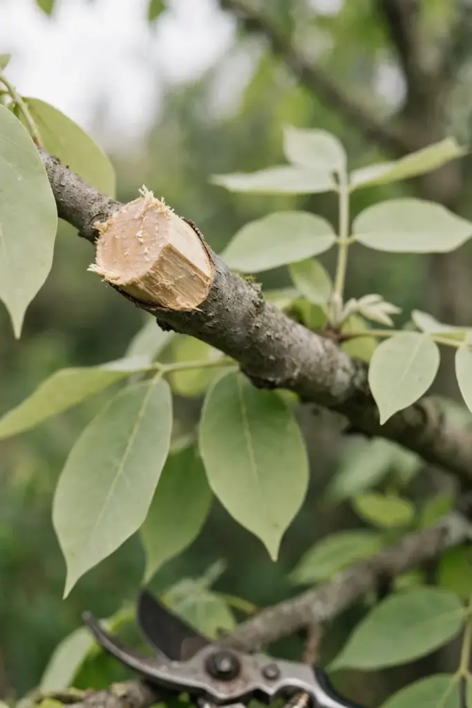 Freshly pruned branch stub on a young candlenut tree