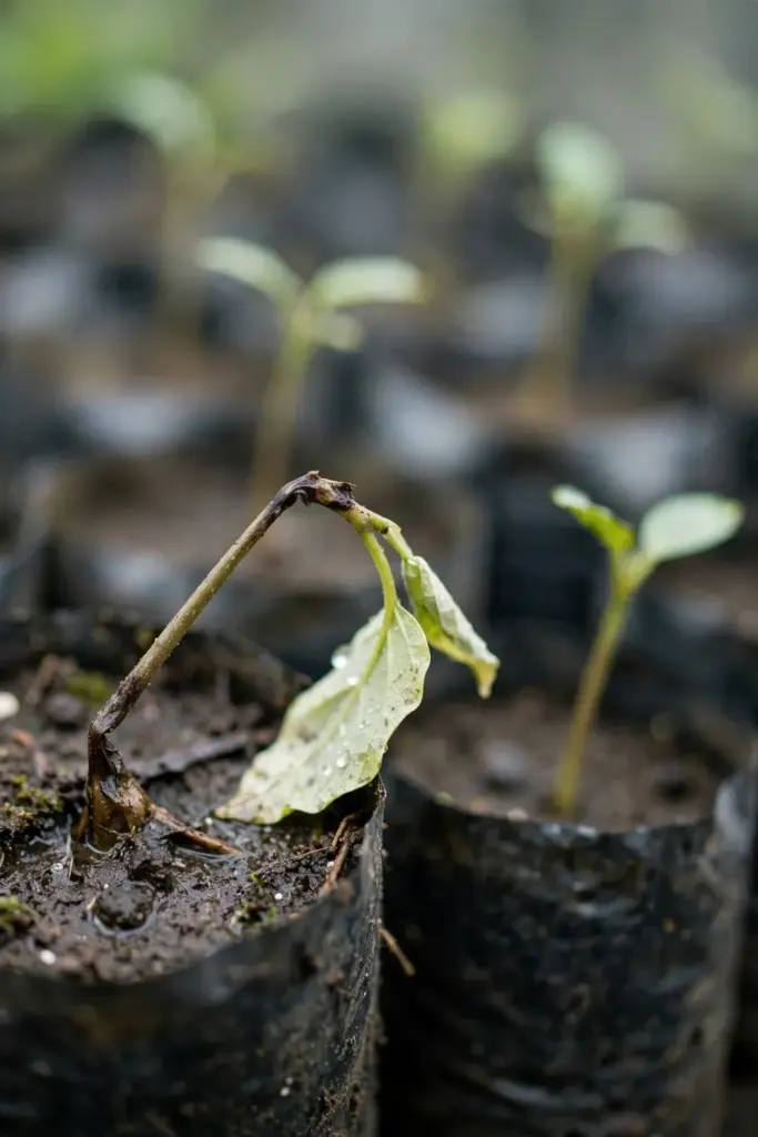 Damped-off candlenut seedling with a pinched brown stem