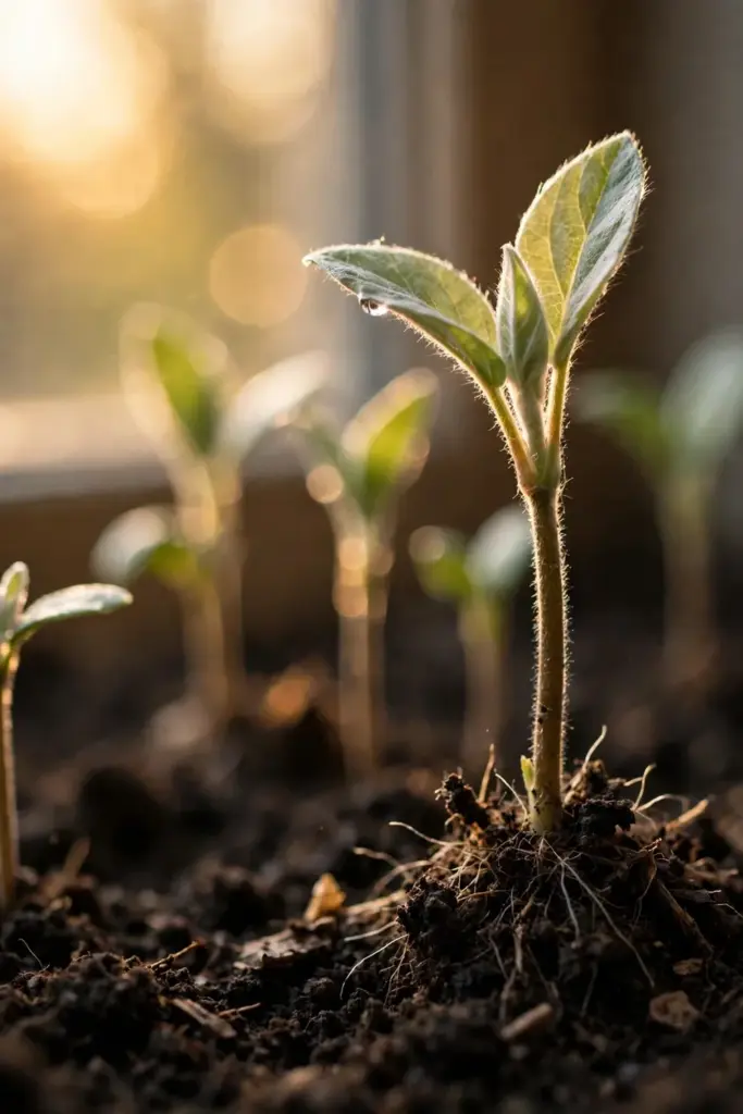 Young candlenut seedlings pushing through dark crumbly nursery mix