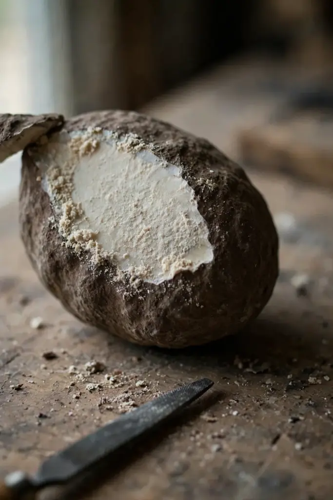 Candlenut stone with a filed flat exposing the pale inner coat