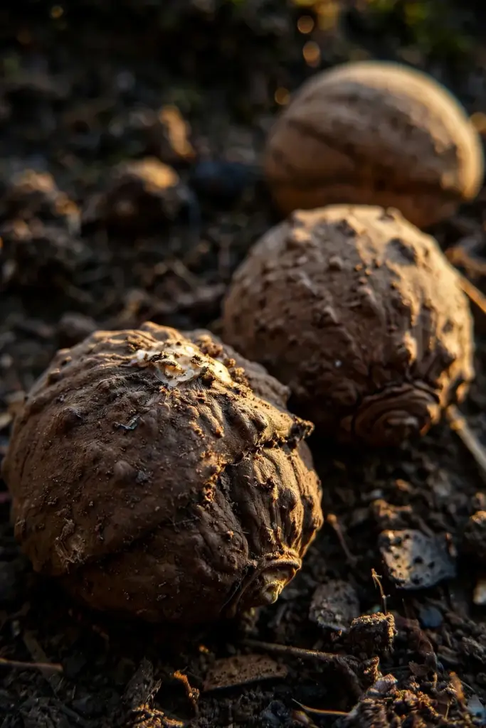 Hard rough candlenut stones in close-up showing the bony shell