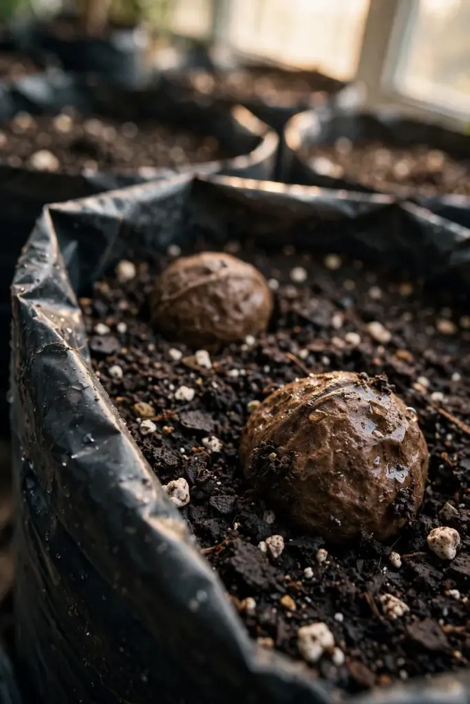 Candlenut stones pressed into moist nursery mix in a tall bag