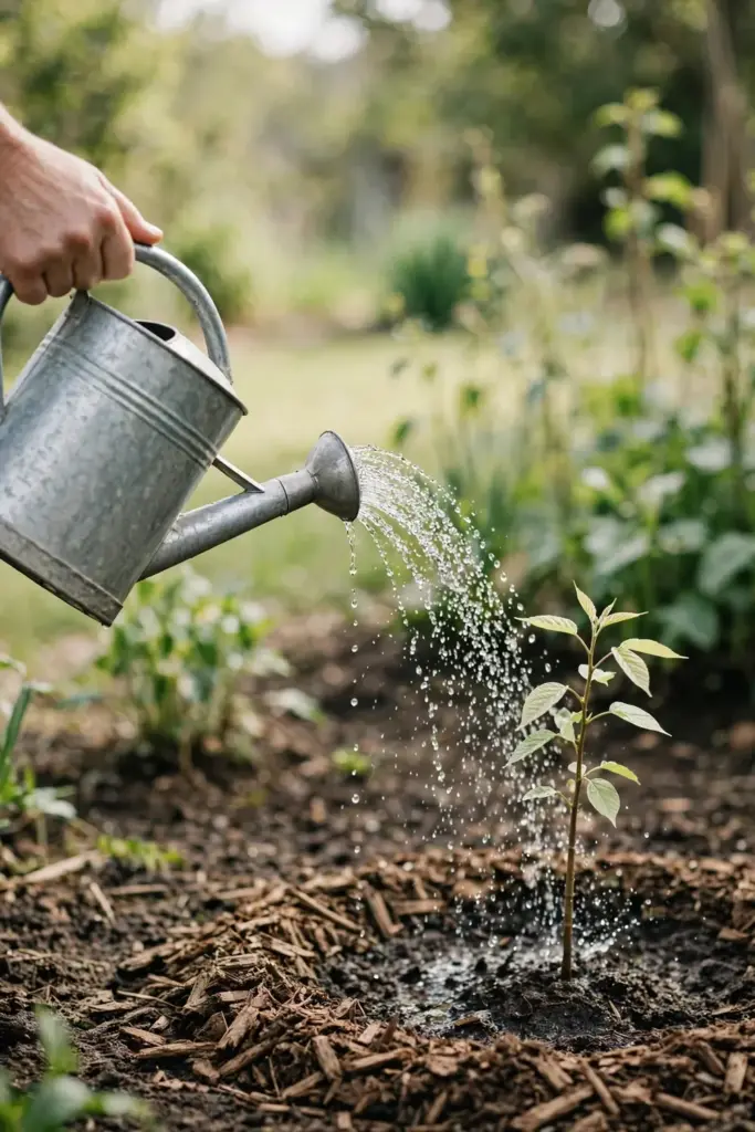 Hand watering a newly planted candlenut seedling with a metal can