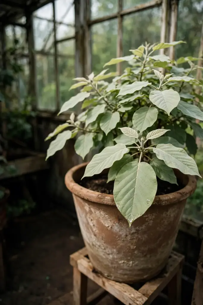 Young candlenut tree in a large terracotta pot inside a greenhouse