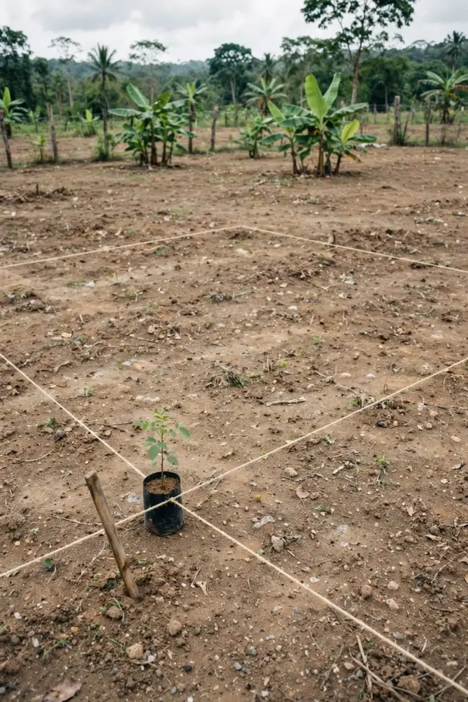 Marked planting ground with crossed string lines for one candlenut tree