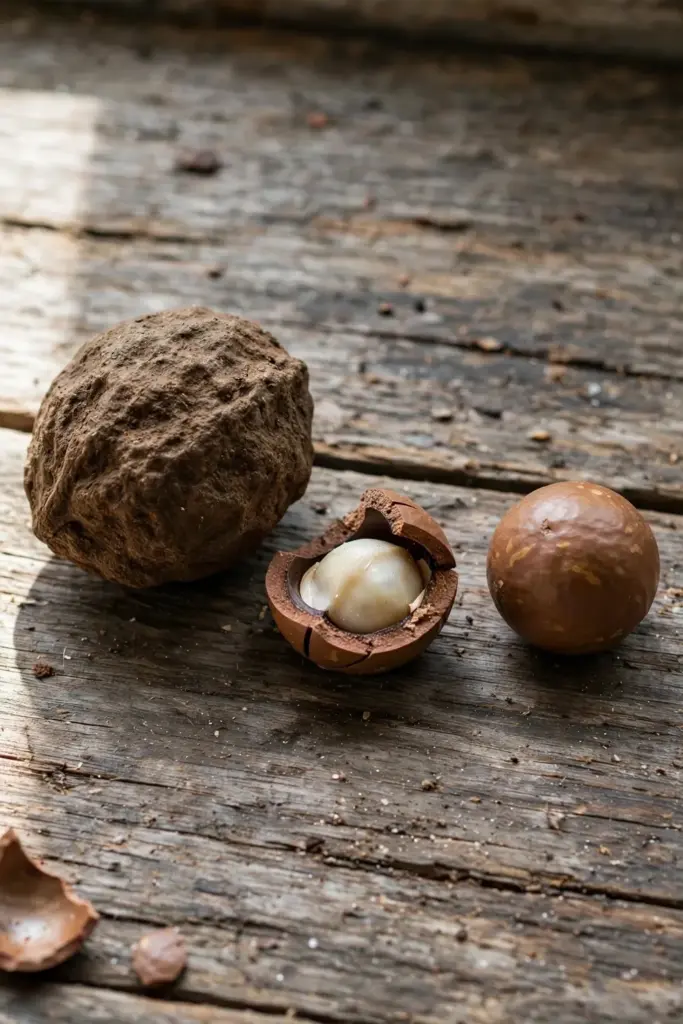 Candlenut stone beside a smaller smoother macadamia nut on wood