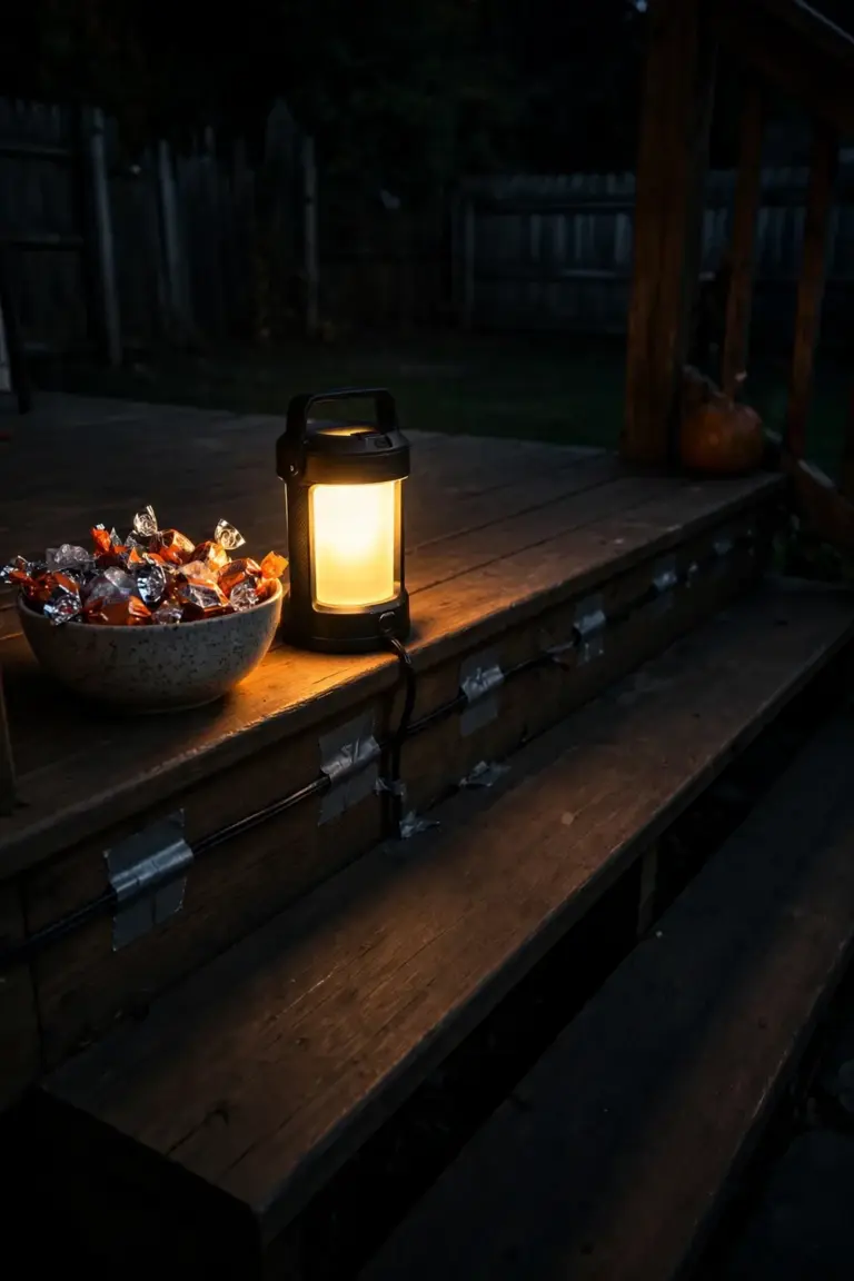 A candy bowl on clear porch steps at night, lit by a battery lantern, foil wrappers glinting