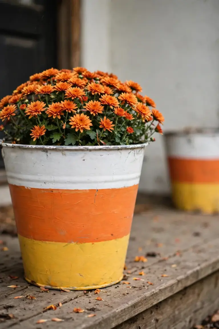 Galvanized bucket painted in candy-corn bands holding orange mums by a front door