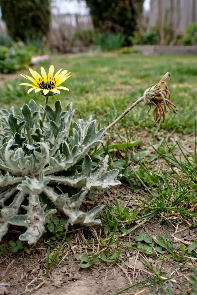 Capeweed rosette with lobed leaves and a yellow daisy flower in a lawn